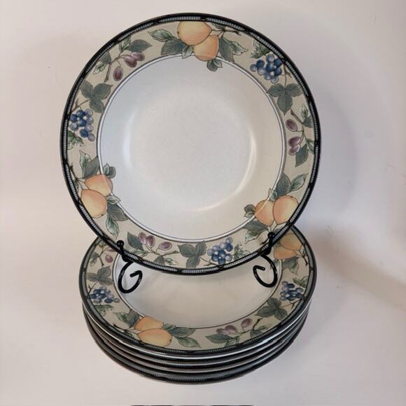 Mikasa Garden Harvest 6 Large Rim Soup Bowl Intaglio, Fruit & Leaves On Rim, VTG - Picture 2 of 12